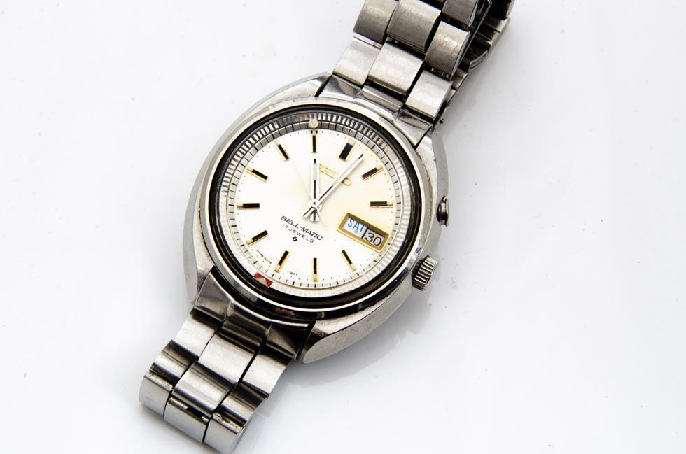 A c1970s Seiko Bell-Matic automatic stainless steel gentleman's wristwatch,  37mm case, batons to dial with day and date aperture, marked 4006 - 7080 T,  appears to run, on Seiko stainless steel bracelet,