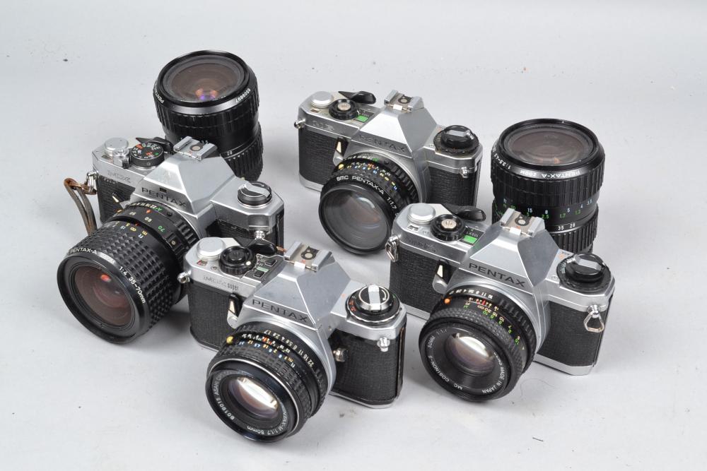 Four Pentax M SLR Cameras, a Pentax MX with a SMC Pentax-A