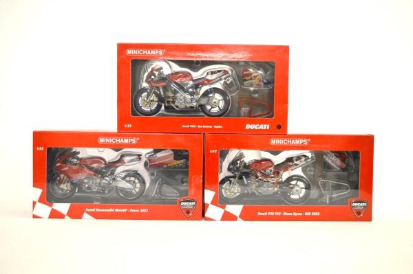 Three Minichamps 1:12 Ducati Corse motorcycle models, Ducati 998
