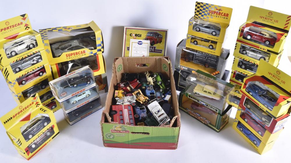 Modern Diecast Vehicles, vintage and modern private and commercial vehicles  boxed examples include Shell Sports Car Collection (13), Maisto Supercar  (6), Matchbox Dinky (3), Corgi (5), and 1:24 scale by Burago (1)